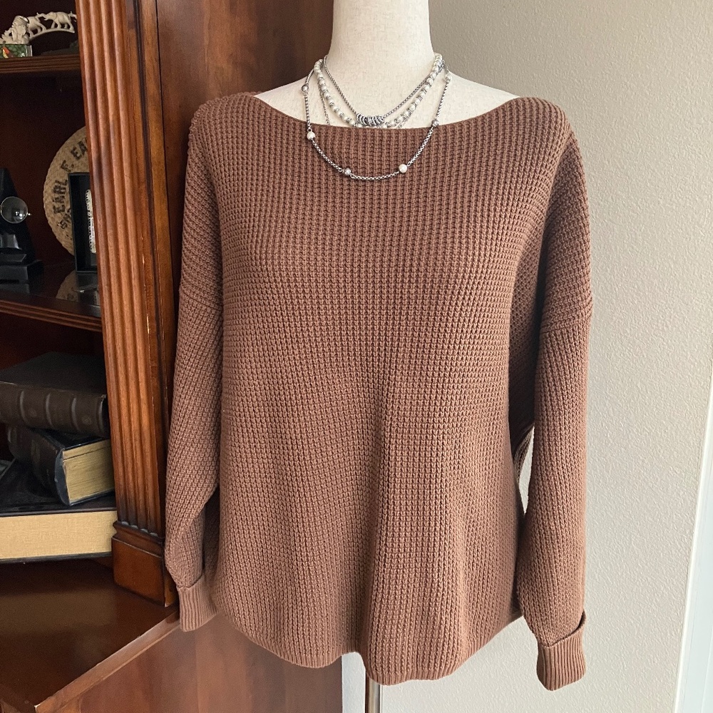 French Connection Mozart Brown  Cotton Boatneck Crop Sweater  Size Small